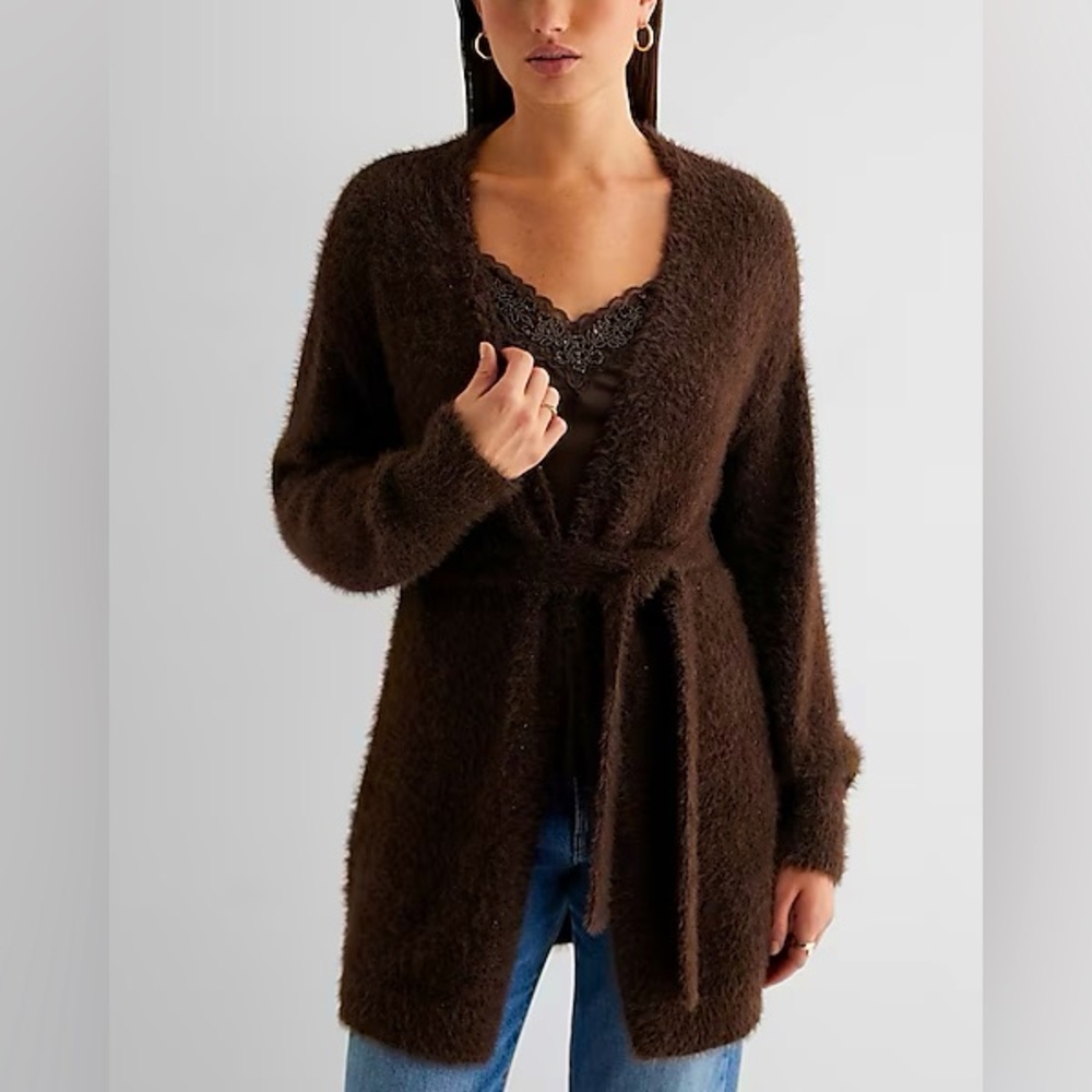 Faux Fur Sequin Balloon Sleeve Belted Cardigan